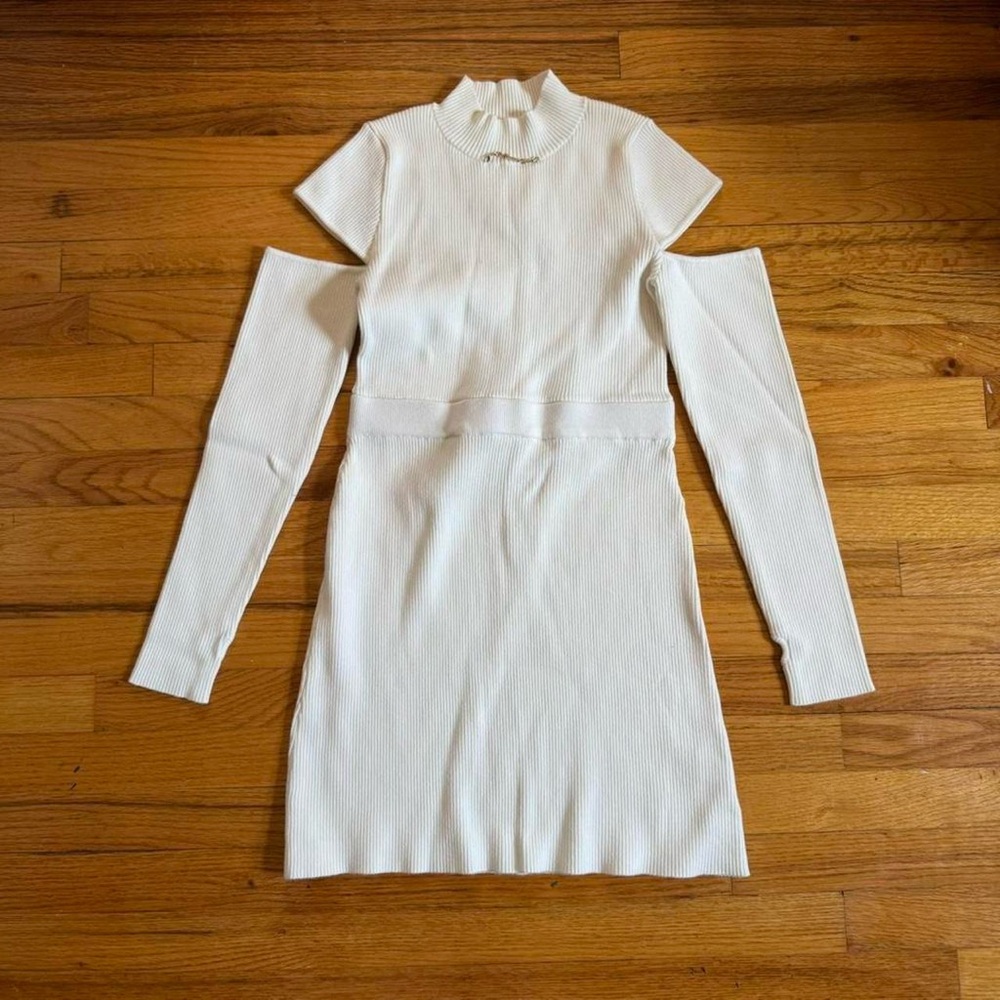 Michell Macaron White Ribbed Long Sleeve Knit Mini Dress